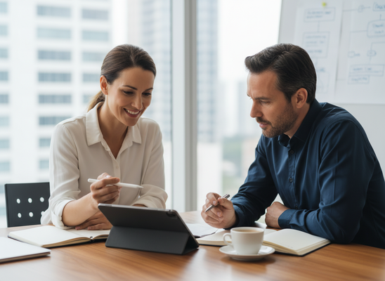 Business colleagues collaborating on a tablet in an office